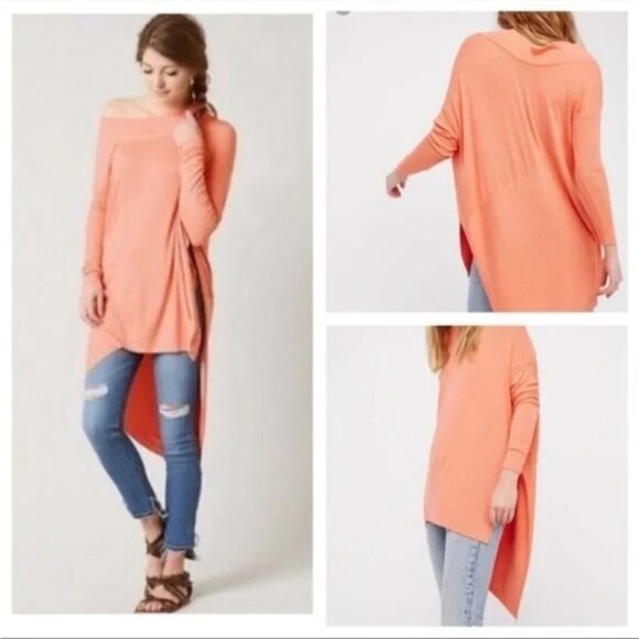 We The Free Grapevine Coral Asymmetric Long Sleeve Ribbed Stretchy Tunic Top M - Picture 3 of 12